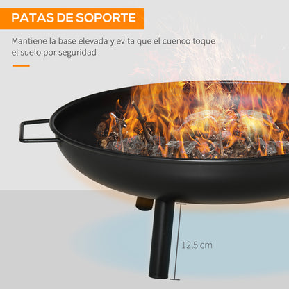 Outdoor Fire Bowl Ø58x23 cm Round Fire Pit with Transport Handles, 3 Feet, and Metal Frame for Bonfires Wood Terrace Garden Outdoor Black