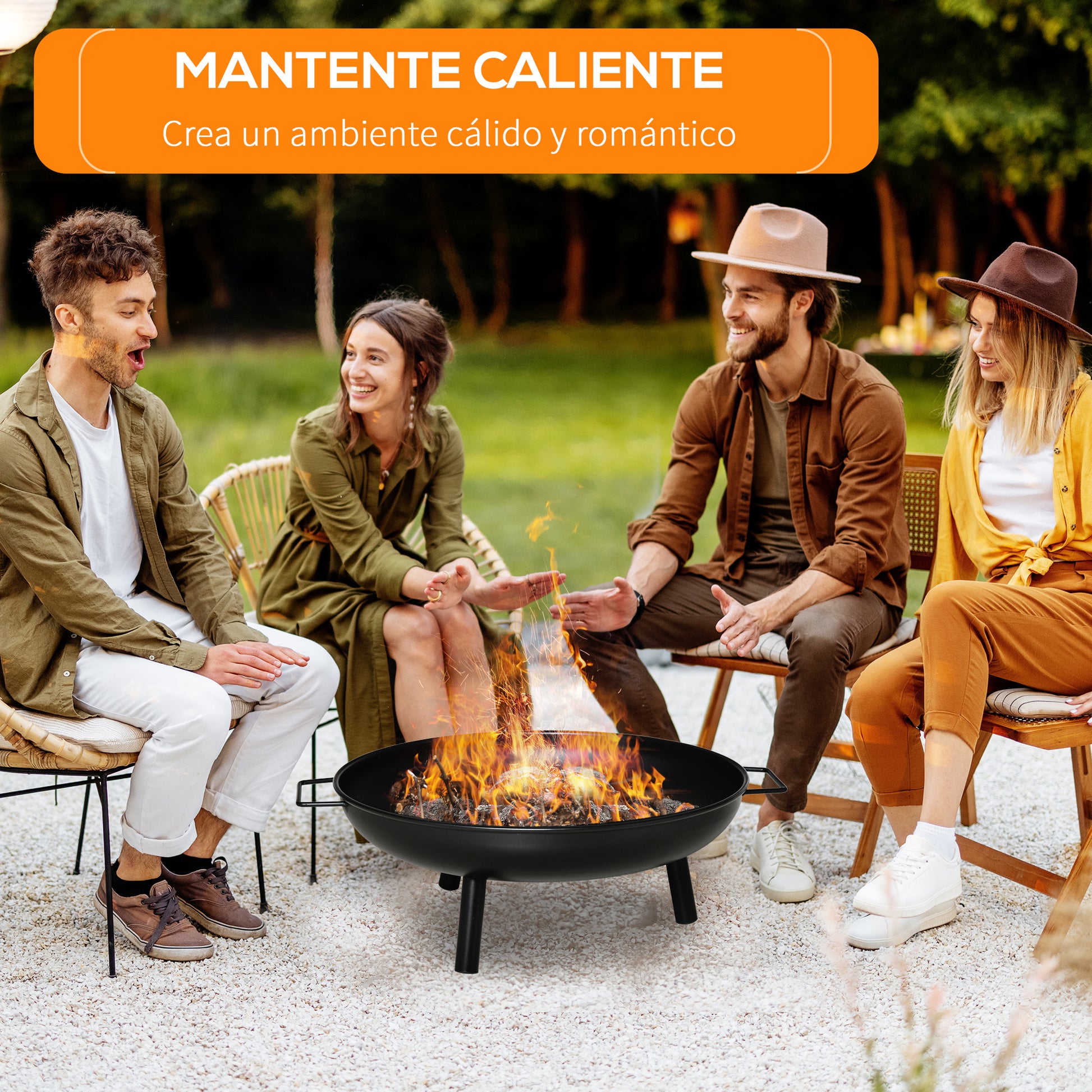 Outdoor Fire Bowl Ø58x23 cm Round Fire Pit with Transport Handles, 3 Feet, and Metal Frame for Bonfires Wood Terrace Garden Outdoor Black
