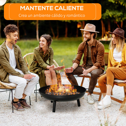 Outdoor Fire Bowl Ø58x23 cm Round Fire Pit with Transport Handles, 3 Feet, and Metal Frame for Bonfires Wood Terrace Garden Outdoor Black