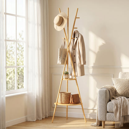 Modern Freestanding Coat Rack with 2 Shelves & 9 Hooks, Natural Bamboo