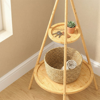Modern Freestanding Coat Rack with 2 Shelves & 9 Hooks, Natural Bamboo