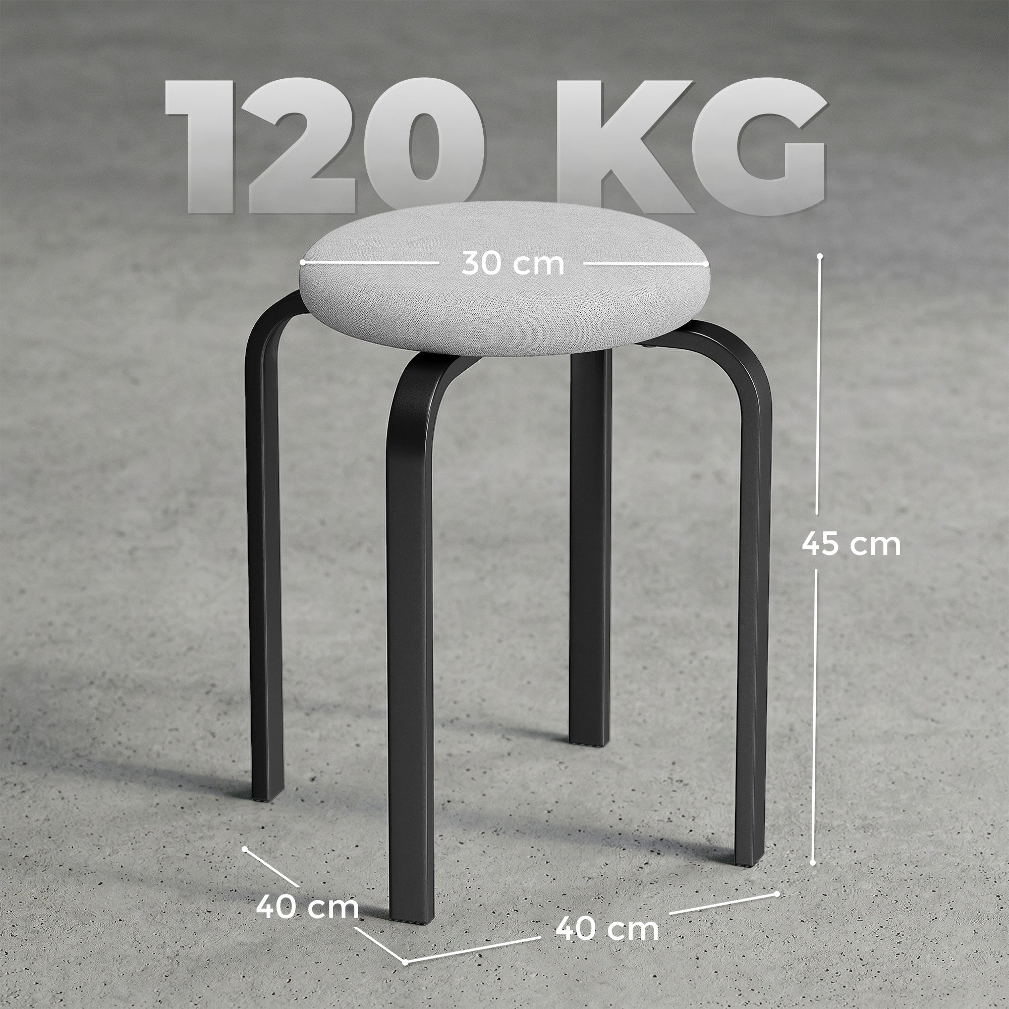 4-Pack Round Dining Stools, Gray Linen-Look Upholstery with Steel Legs – Stackable Kitchen & Living Room Stools