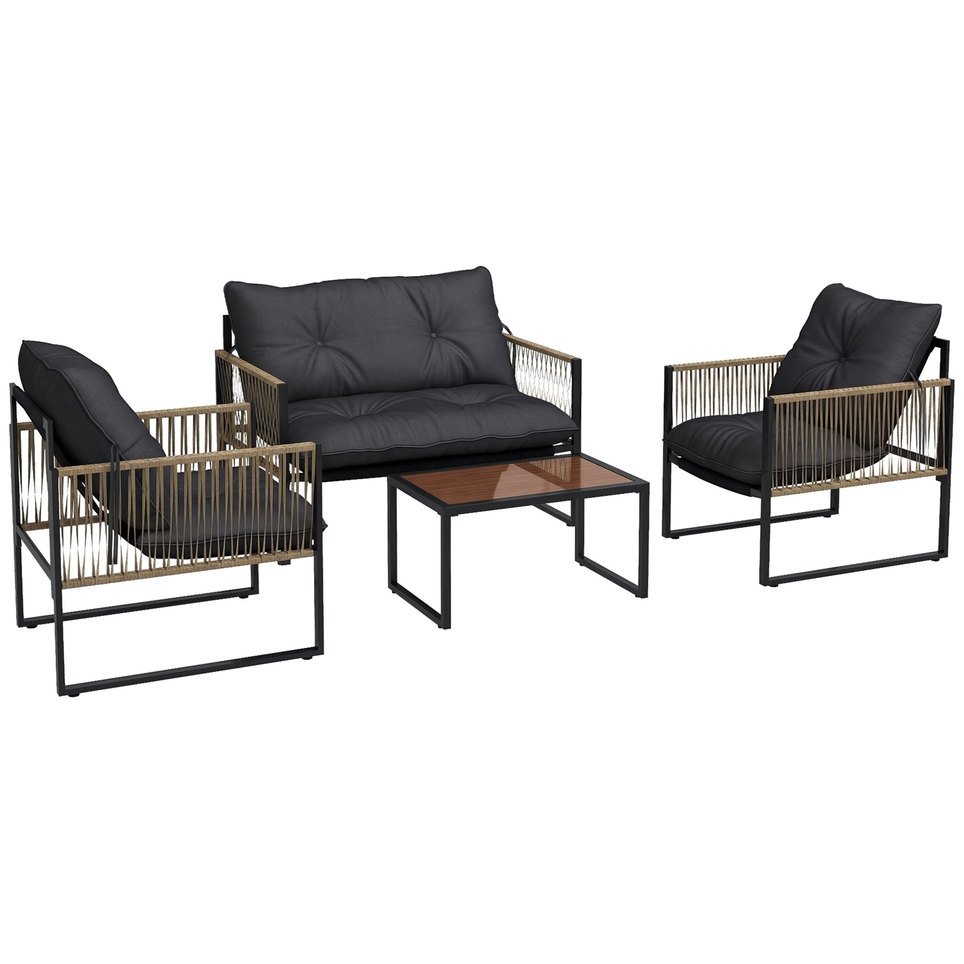 Outdoor Rattan Garden Furniture Set 4-Piece Patio Furniture with 1 Double Sofa, 2 Armchairs, Cushions, and 1 Glass Top Coffee Table for Grey and Brown