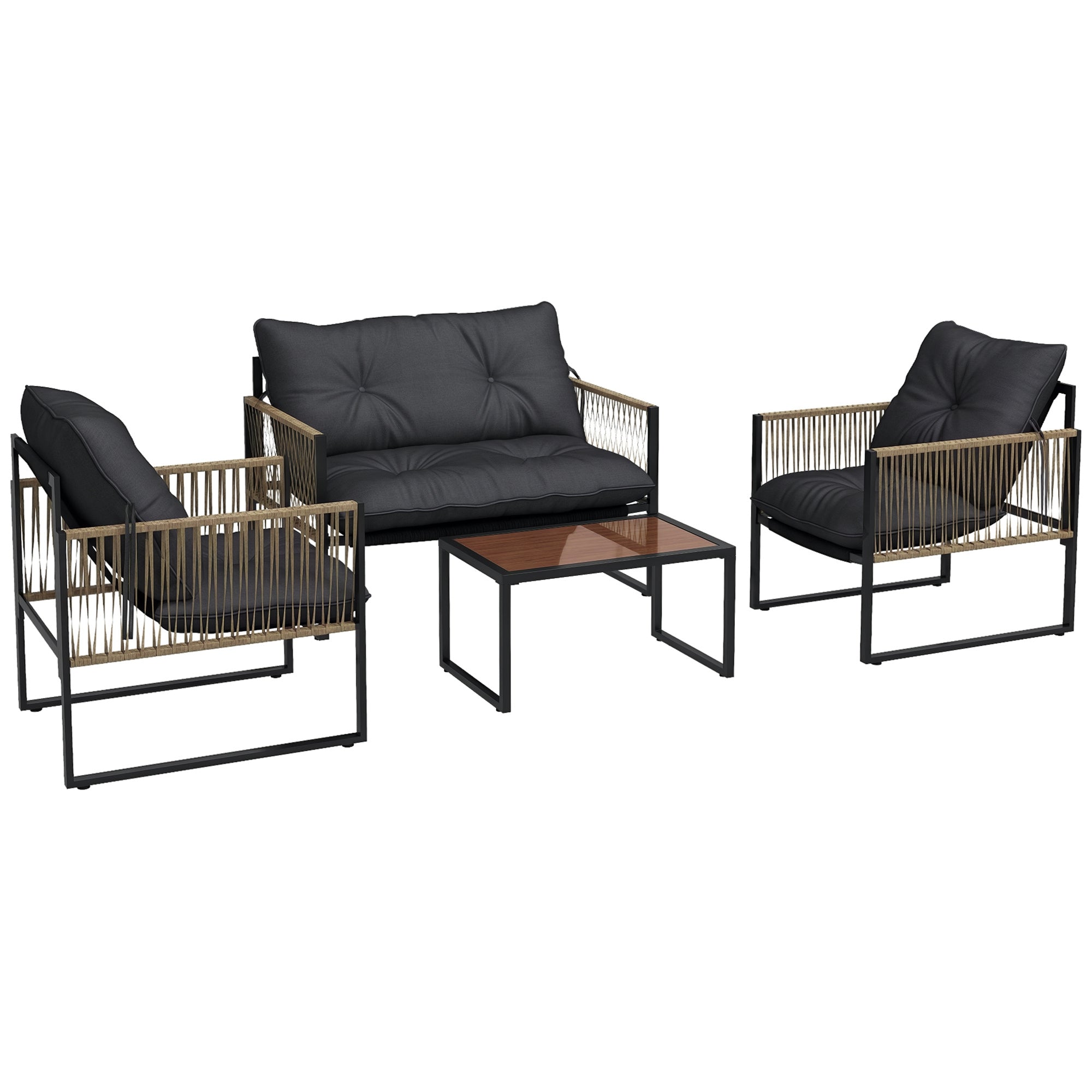 Outdoor Rattan Garden Furniture Set 4-Piece Patio Furniture with 1 Double Sofa, 2 Armchairs, Cushions, and 1 Glass Top Coffee Table for Grey and Brown