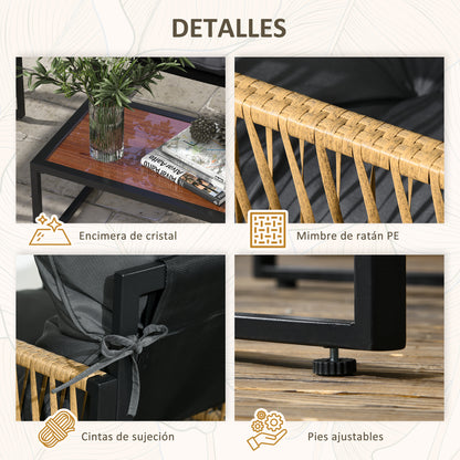 Outdoor Rattan Garden Furniture Set 4-Piece Patio Furniture with 1 Double Sofa, 2 Armchairs, Cushions, and 1 Glass Top Coffee Table for Grey and Brown