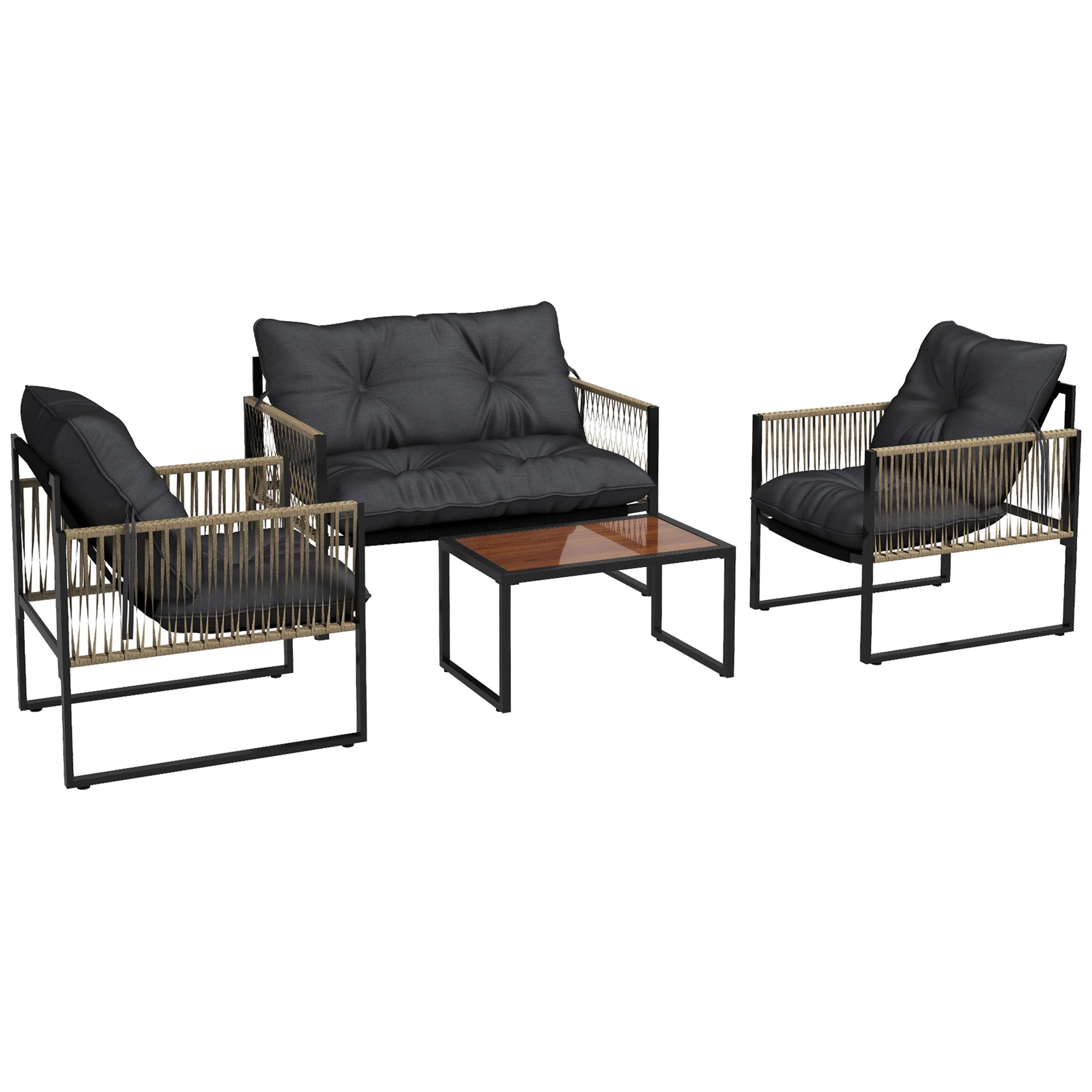 Outdoor Rattan Garden Furniture Set 4-Piece Patio Furniture with 1 Double Sofa, 2 Armchairs, Cushions, and 1 Glass Top Coffee Table for Grey and Brown