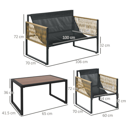 Outdoor Rattan Garden Furniture Set 4-Piece Patio Furniture with 1 Double Sofa, 2 Armchairs, Cushions, and 1 Glass Top Coffee Table for Grey and Brown