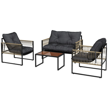 Outdoor Rattan Garden Furniture Set 4-Piece Patio Furniture with 1 Double Sofa, 2 Armchairs, Cushions, and 1 Glass Top Coffee Table for Grey and Brown
