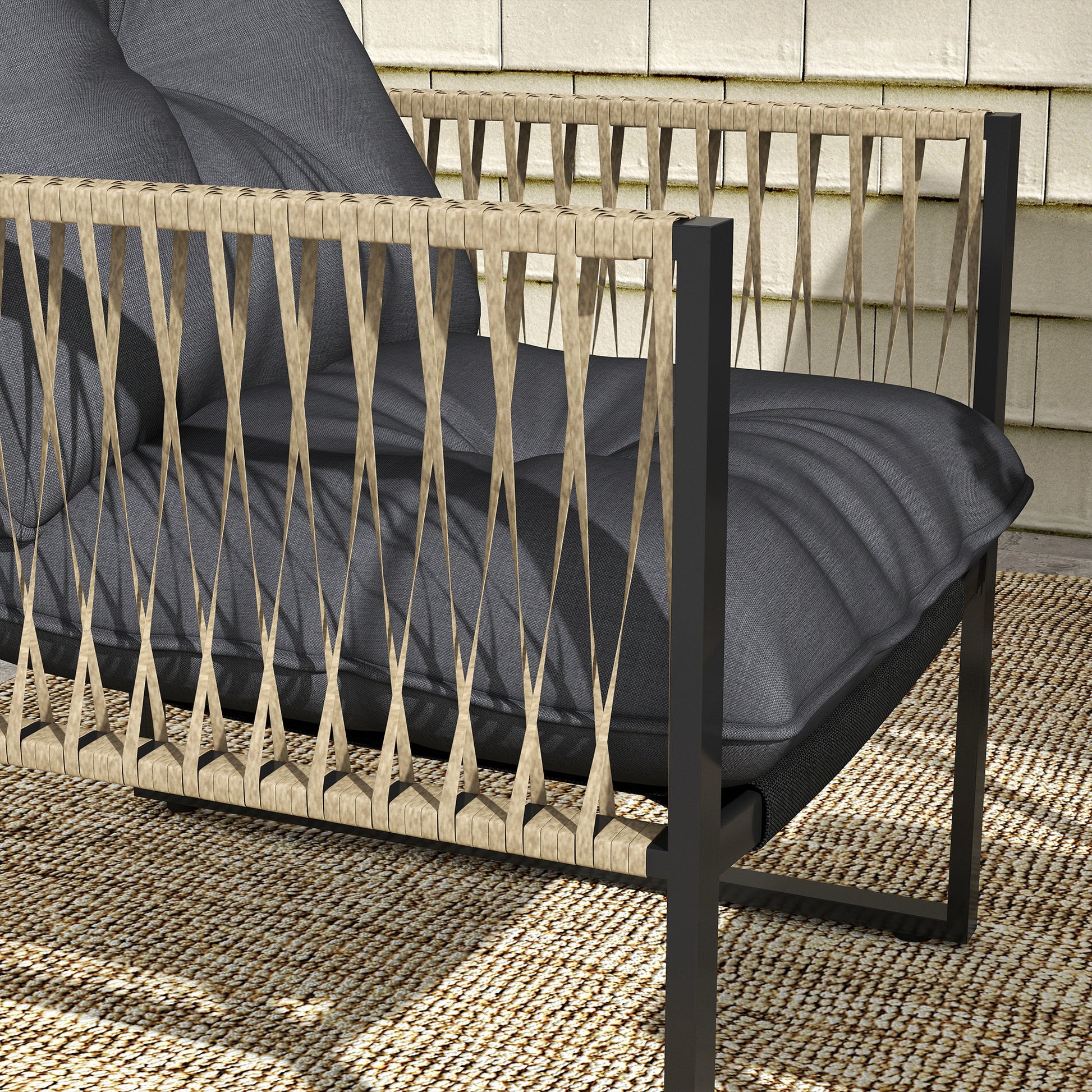 Outdoor Rattan Garden Furniture Set 4-Piece Patio Furniture with 1 Double Sofa, 2 Armchairs, Cushions, and 1 Glass Top Coffee Table for Grey and Brown