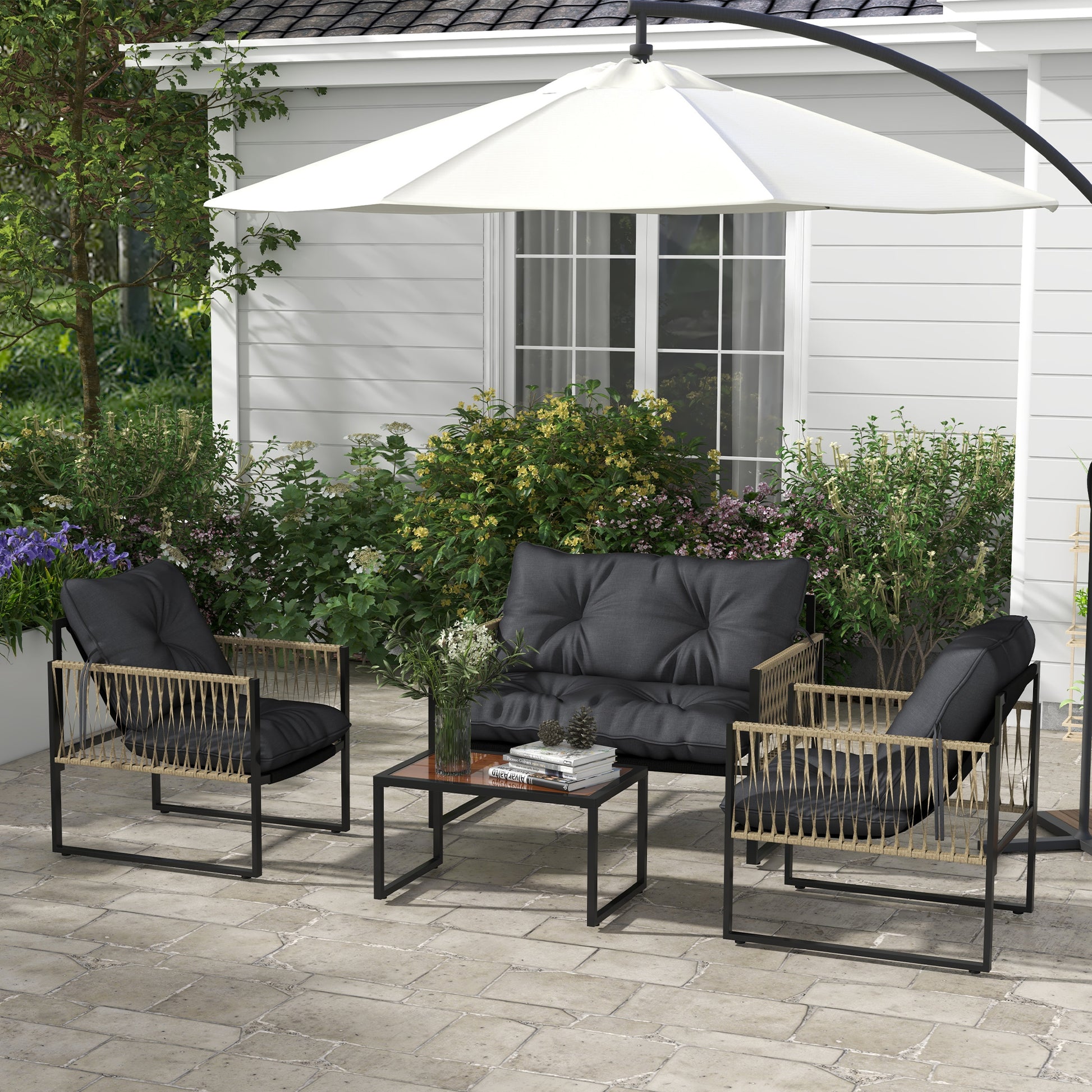Outdoor Rattan Garden Furniture Set 4-Piece Patio Furniture with 1 Double Sofa, 2 Armchairs, Cushions, and 1 Glass Top Coffee Table for Grey and Brown