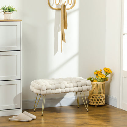 Upholstered Velvet End of Bed Bench Bedroom Bench with Golden Legs and Padded Seat for Entryways Cream