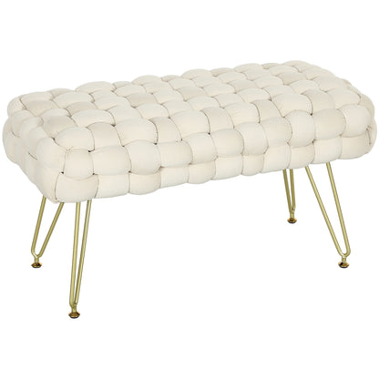 Upholstered Velvet End of Bed Bench Bedroom Bench with Golden Legs and Padded Seat for Entryways Cream