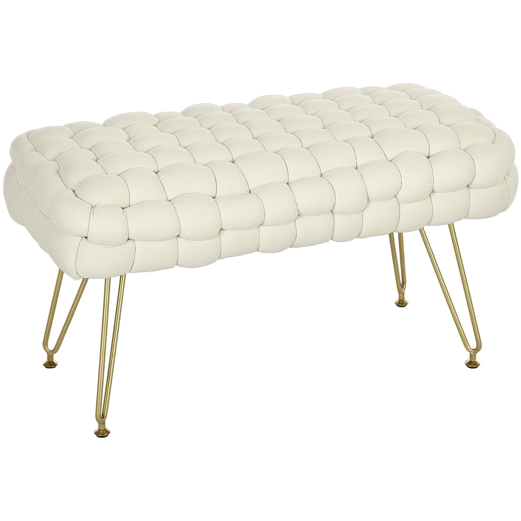 Upholstered Velvet End of Bed Bench Bedroom Bench with Golden Legs and Padded Seat for Entryways Cream