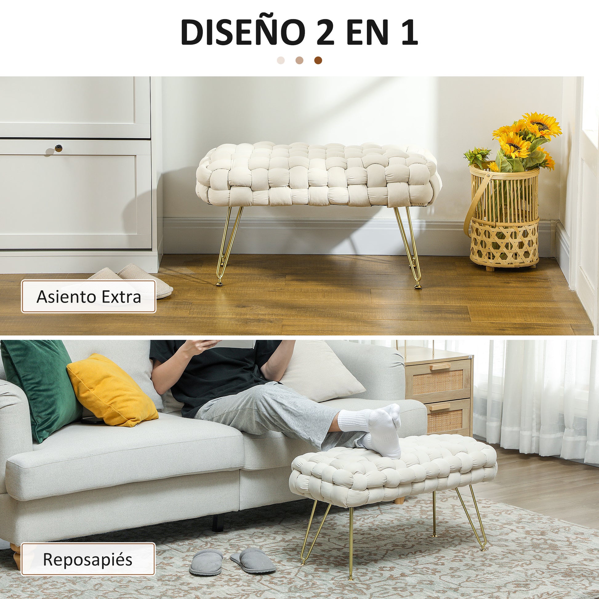 Upholstered Velvet End of Bed Bench Bedroom Bench with Golden Legs and Padded Seat for Entryways Cream