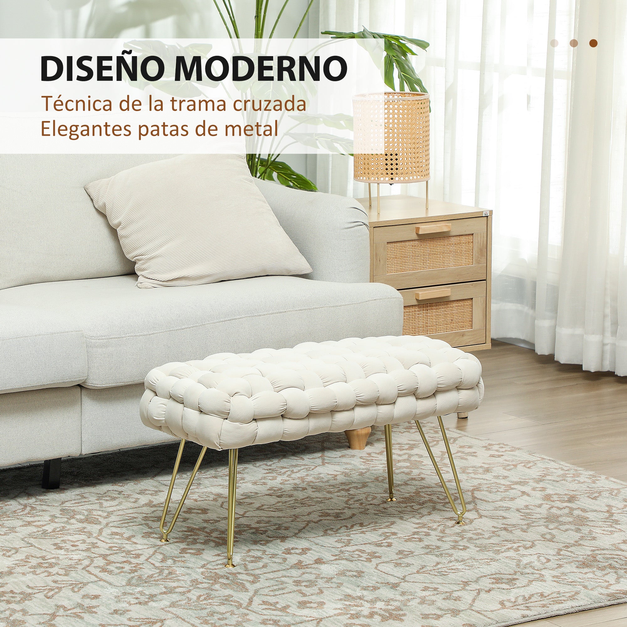 Upholstered Velvet End of Bed Bench Bedroom Bench with Golden Legs and Padded Seat for Entryways Cream