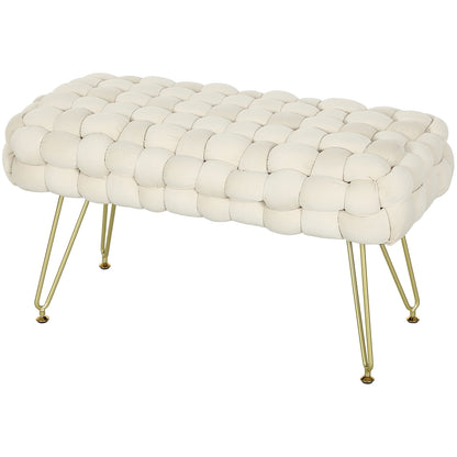 Upholstered Velvet End of Bed Bench Bedroom Bench with Golden Legs and Padded Seat for Entryways Cream