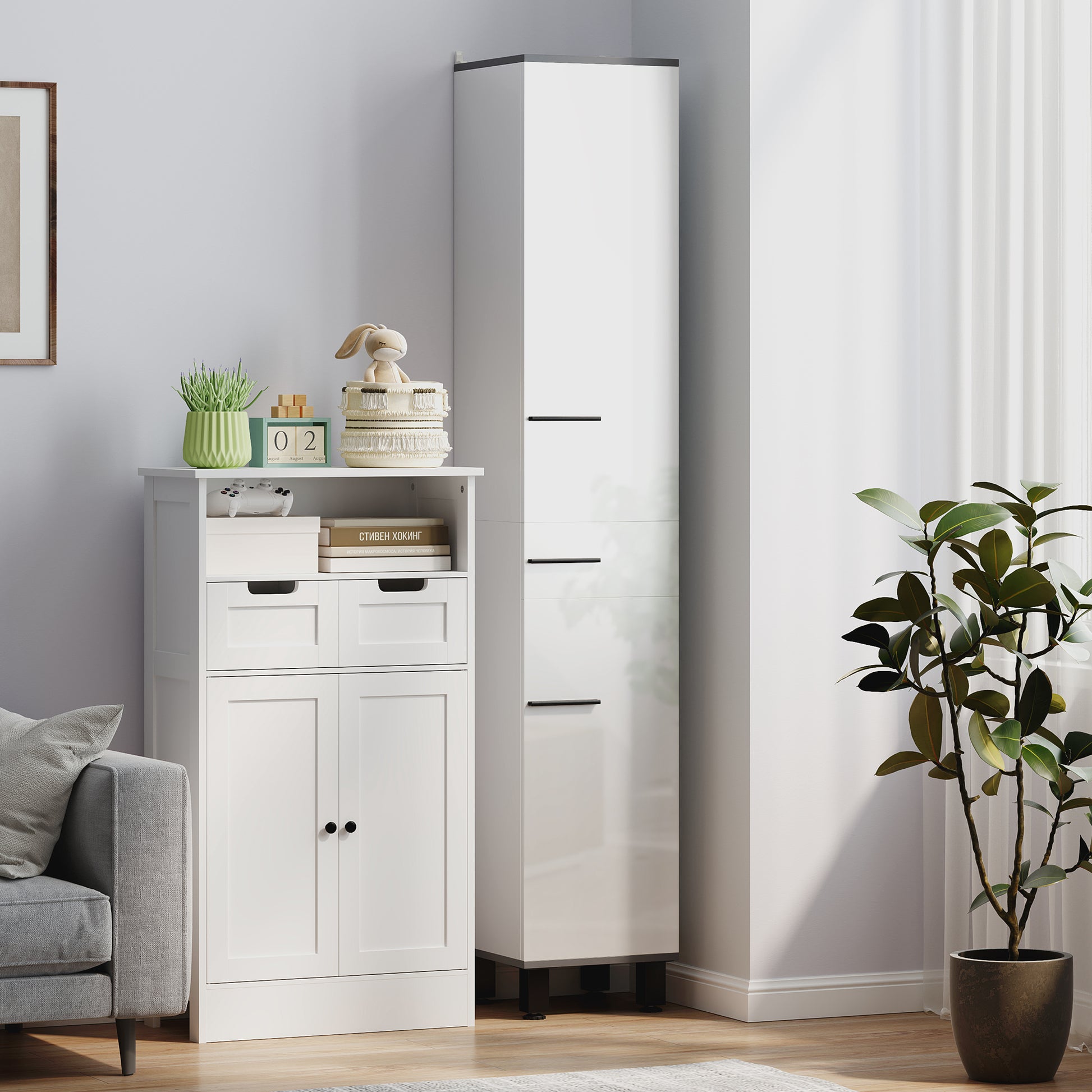 Modern Bathroom Column with Drawer, 2 Cabinets, Tall Space Saving Bathroom Cabinet with 2 Doors and Adjustable Shelves, Wooden Bathroom Cabinet, 34x32x190 cm, Glossy White