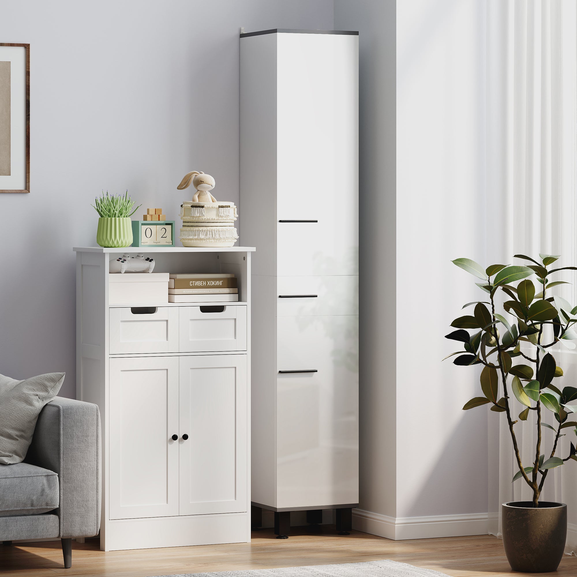Modern Bathroom Column with Drawer, 2 Cabinets, Tall Space Saving Bathroom Cabinet with 2 Doors and Adjustable Shelves, Wooden Bathroom Cabinet, 34x32x190 cm, Glossy White