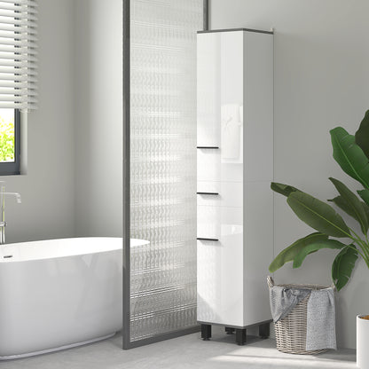 Modern Bathroom Column with Drawer, 2 Cabinets, Tall Space Saving Bathroom Cabinet with 2 Doors and Adjustable Shelves, Wooden Bathroom Cabinet, 34x32x190 cm, Glossy White
