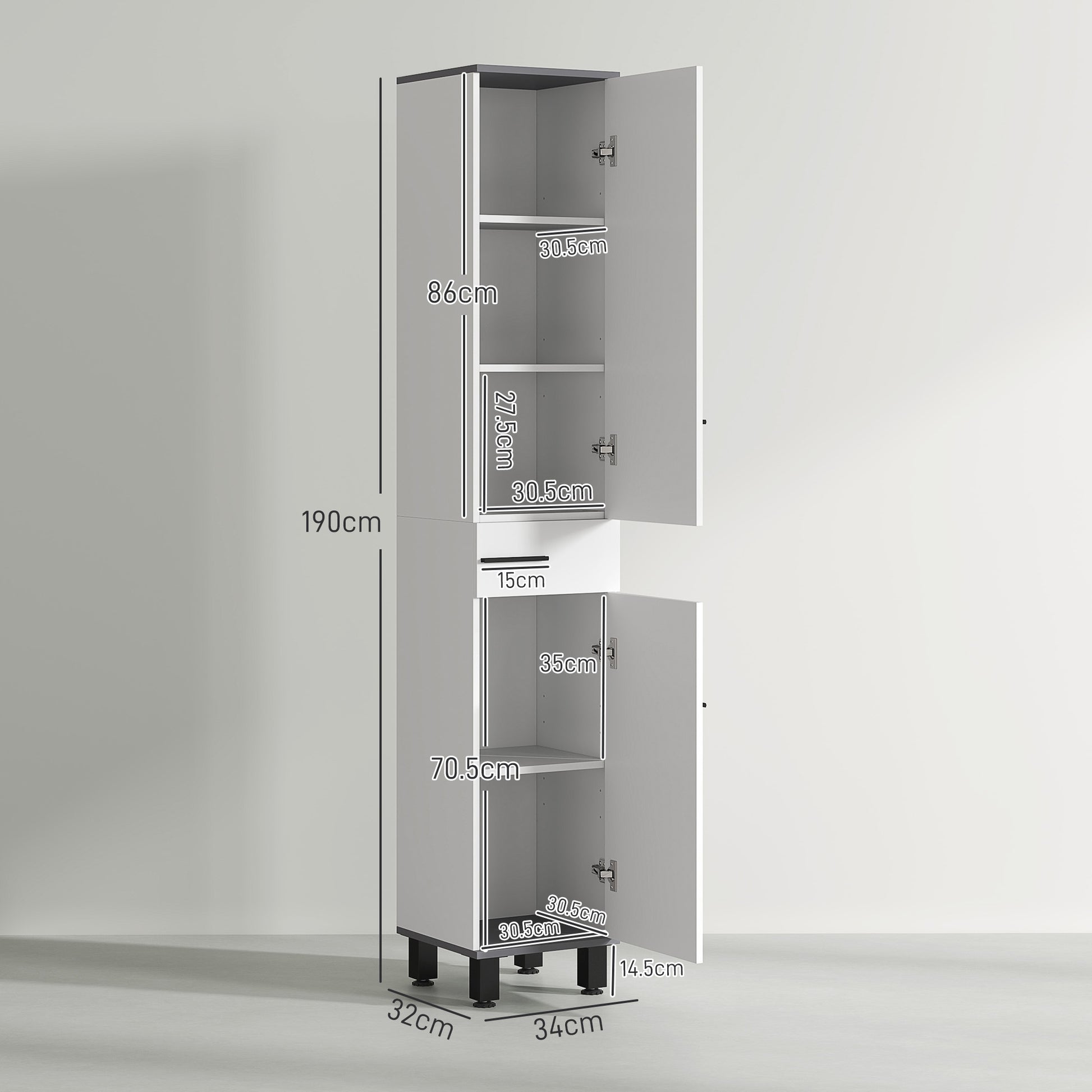 Modern Bathroom Column with Drawer, 2 Cabinets, Tall Space Saving Bathroom Cabinet with 2 Doors and Adjustable Shelves, Wooden Bathroom Cabinet, 34x32x190 cm, Glossy White