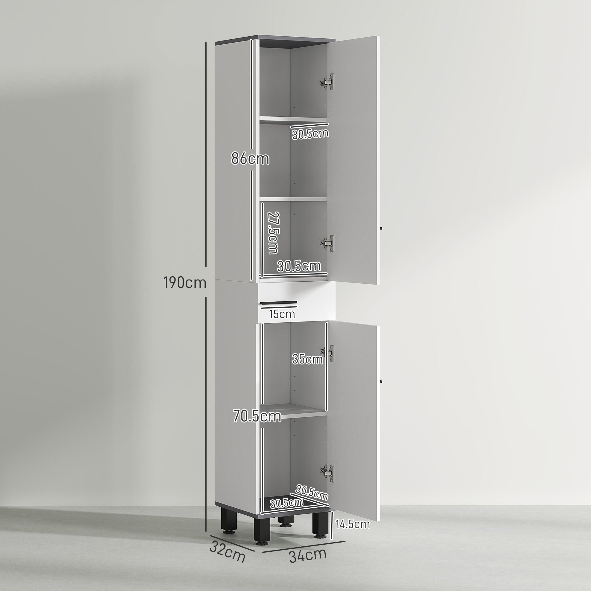 Modern Bathroom Column with Drawer, 2 Cabinets, Tall Space Saving Bathroom Cabinet with 2 Doors and Adjustable Shelves, Wooden Bathroom Cabinet, 34x32x190 cm, Glossy White