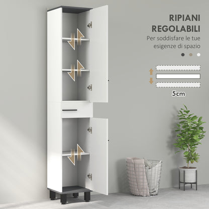 Modern Bathroom Column with Drawer, 2 Cabinets, Tall Space Saving Bathroom Cabinet with 2 Doors and Adjustable Shelves, Wooden Bathroom Cabinet, 34x32x190 cm, Glossy White