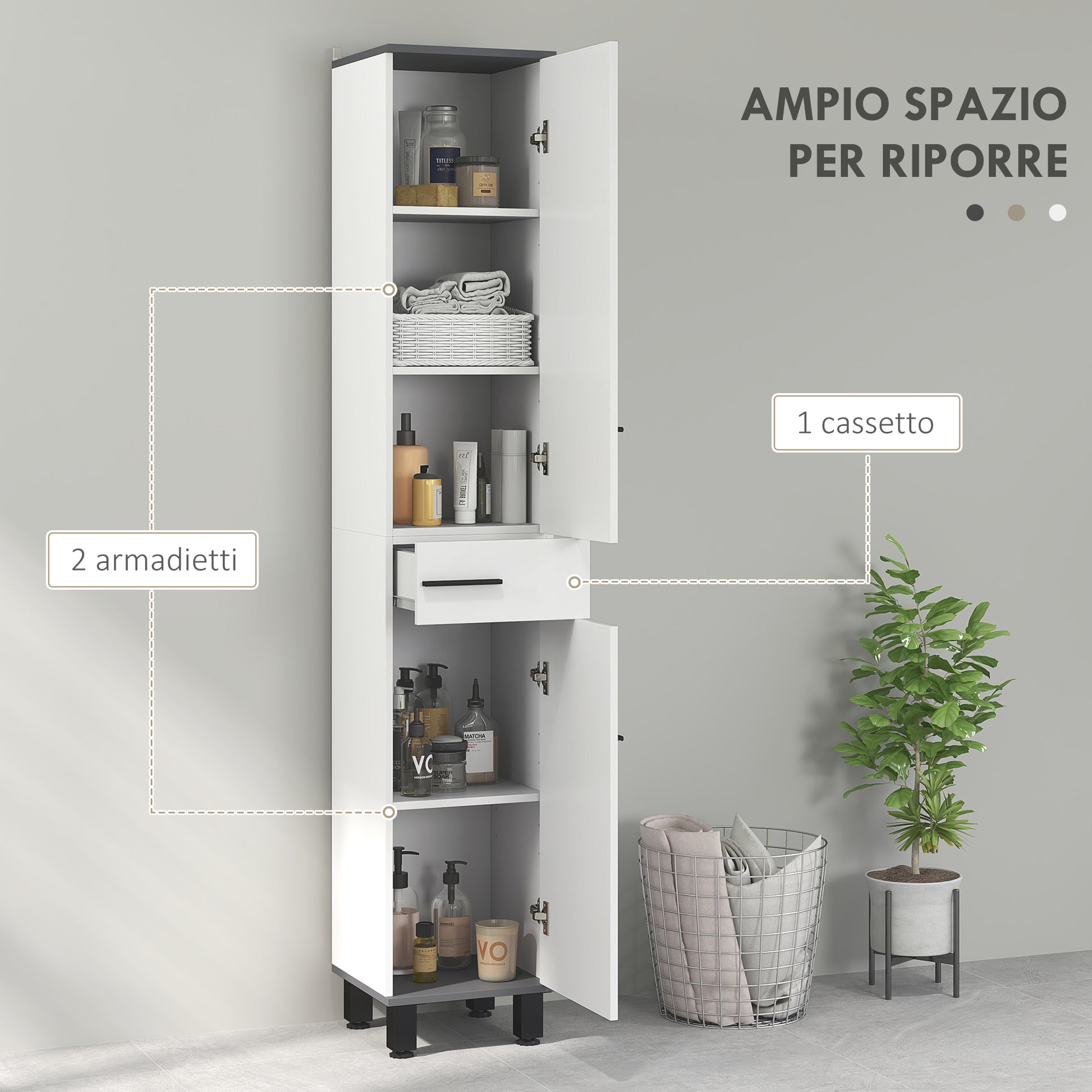 Modern Bathroom Column with Drawer, 2 Cabinets, Tall Space Saving Bathroom Cabinet with 2 Doors and Adjustable Shelves, Wooden Bathroom Cabinet, 34x32x190 cm, Glossy White