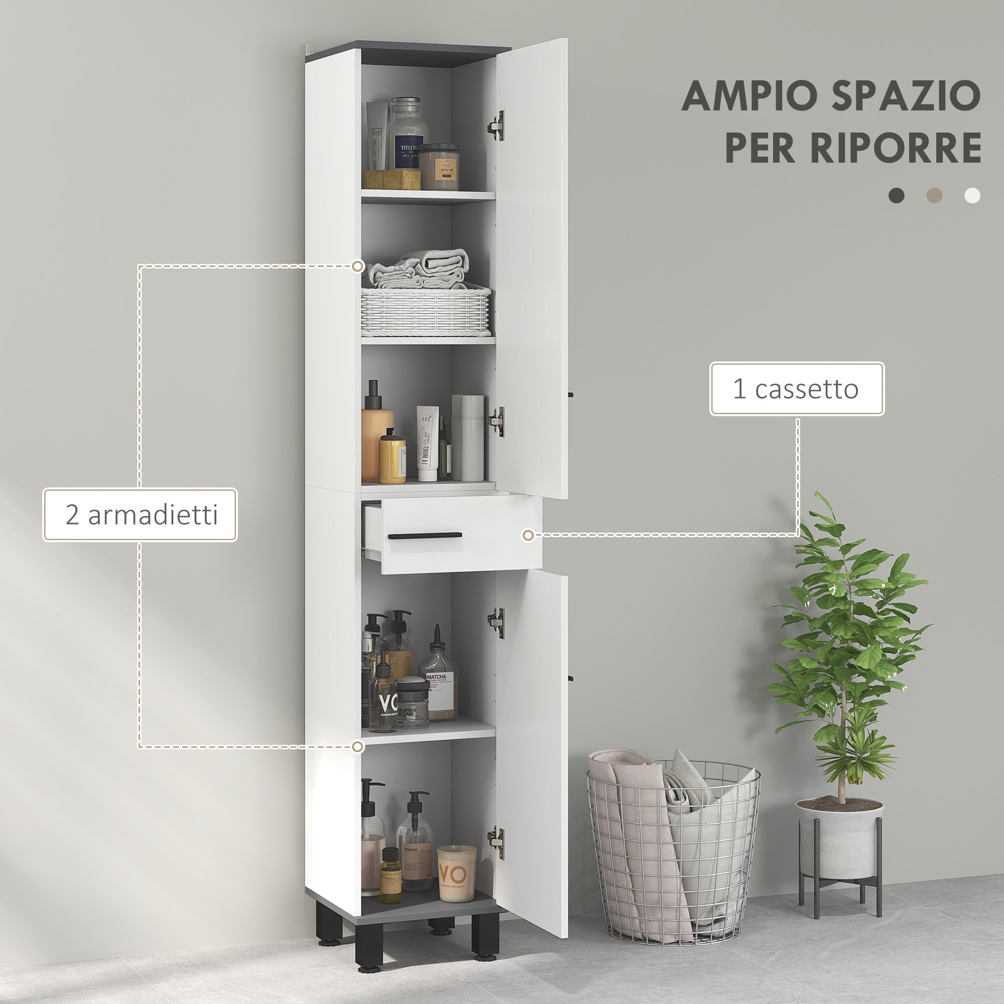 Modern Bathroom Column with Drawer, 2 Cabinets, Tall Space Saving Bathroom Cabinet with 2 Doors and Adjustable Shelves, Wooden Bathroom Cabinet, 34x32x190 cm, Glossy White