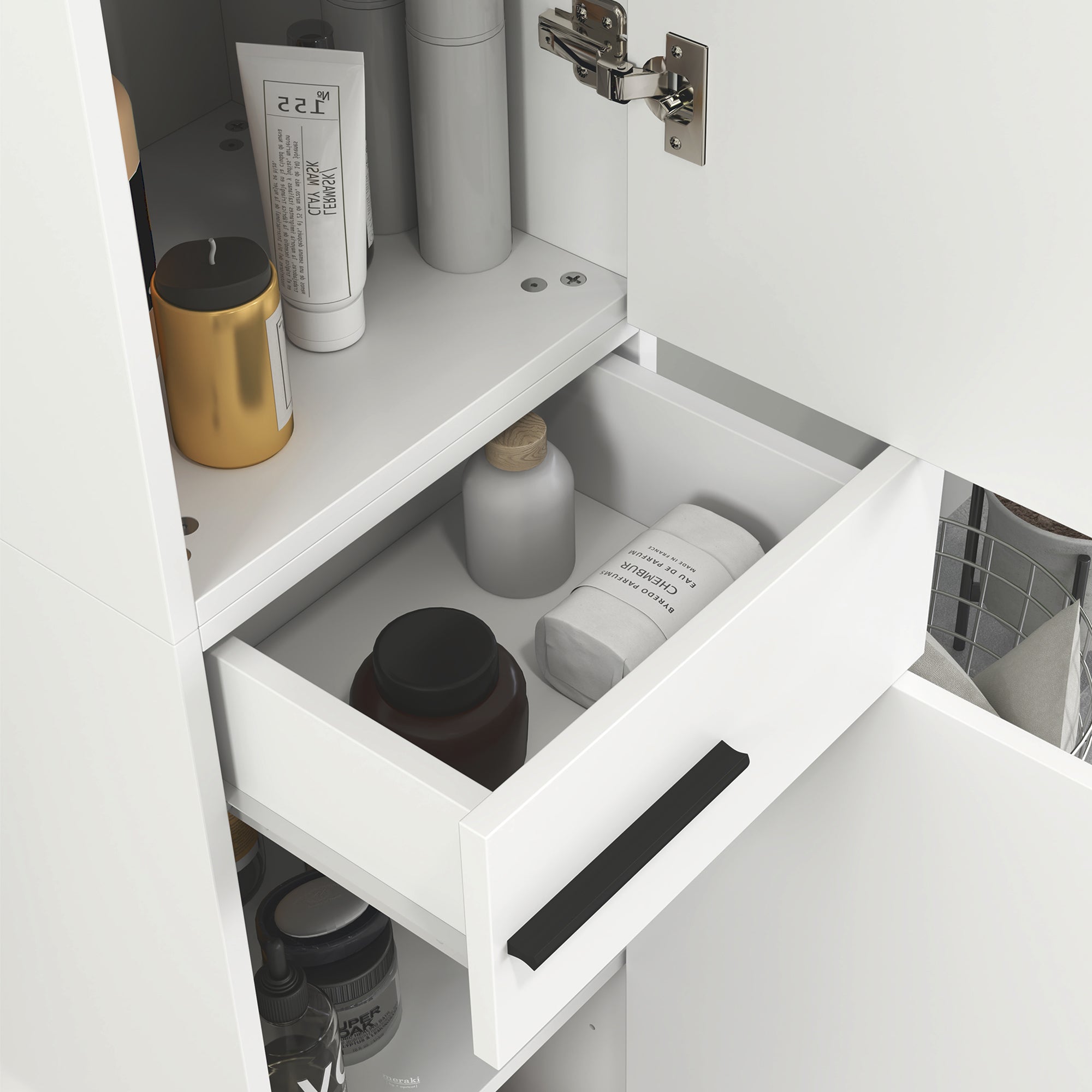 Modern Bathroom Column with Drawer, 2 Cabinets, Tall Space Saving Bathroom Cabinet with 2 Doors and Adjustable Shelves, Wooden Bathroom Cabinet, 34x32x190 cm, Glossy White