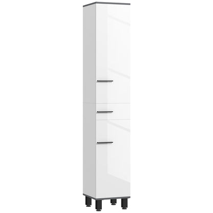 Modern Bathroom Column with Drawer, 2 Cabinets, Tall Space Saving Bathroom Cabinet with 2 Doors and Adjustable Shelves, Wooden Bathroom Cabinet, 34x32x190 cm, Glossy White
