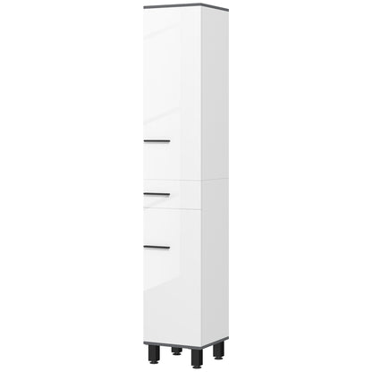 Modern Bathroom Column with Drawer, 2 Cabinets, Tall Space Saving Bathroom Cabinet with 2 Doors and Adjustable Shelves, Wooden Bathroom Cabinet, 34x32x190 cm, Glossy White