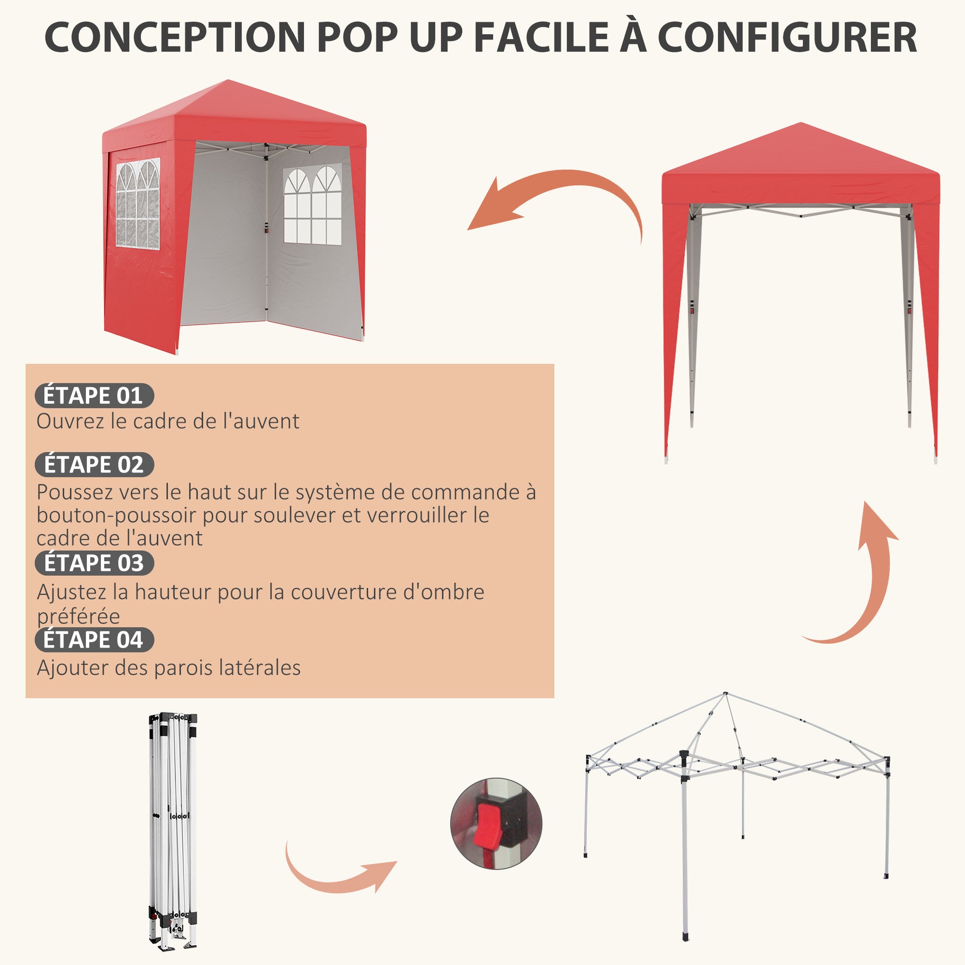 Folding Garden Gazebo Pop-up 2 x 2 m Reception Tent Adjustable Height Anti-UV 30+ 3 Side Walls with 4 Sandbags and 1 Transport Bag Oxford Fabric Steel Red