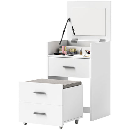 Makeup Station with Foldable Mirror, Stool with Wheels and 2 Drawers, Makeup Vanity in MDF and Stool with Removable and Washable Velvet Effect Fabric Cushion, White