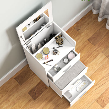 Makeup Station with Foldable Mirror, Stool with Wheels and 2 Drawers, Makeup Vanity in MDF and Stool with Removable and Washable Velvet Effect Fabric Cushion, White