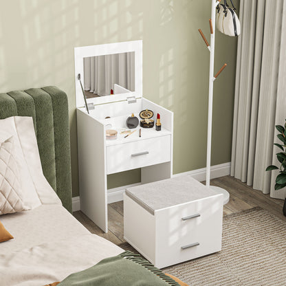 Makeup Station with Foldable Mirror, Stool with Wheels and 2 Drawers, Makeup Vanity in MDF and Stool with Removable and Washable Velvet Effect Fabric Cushion, White