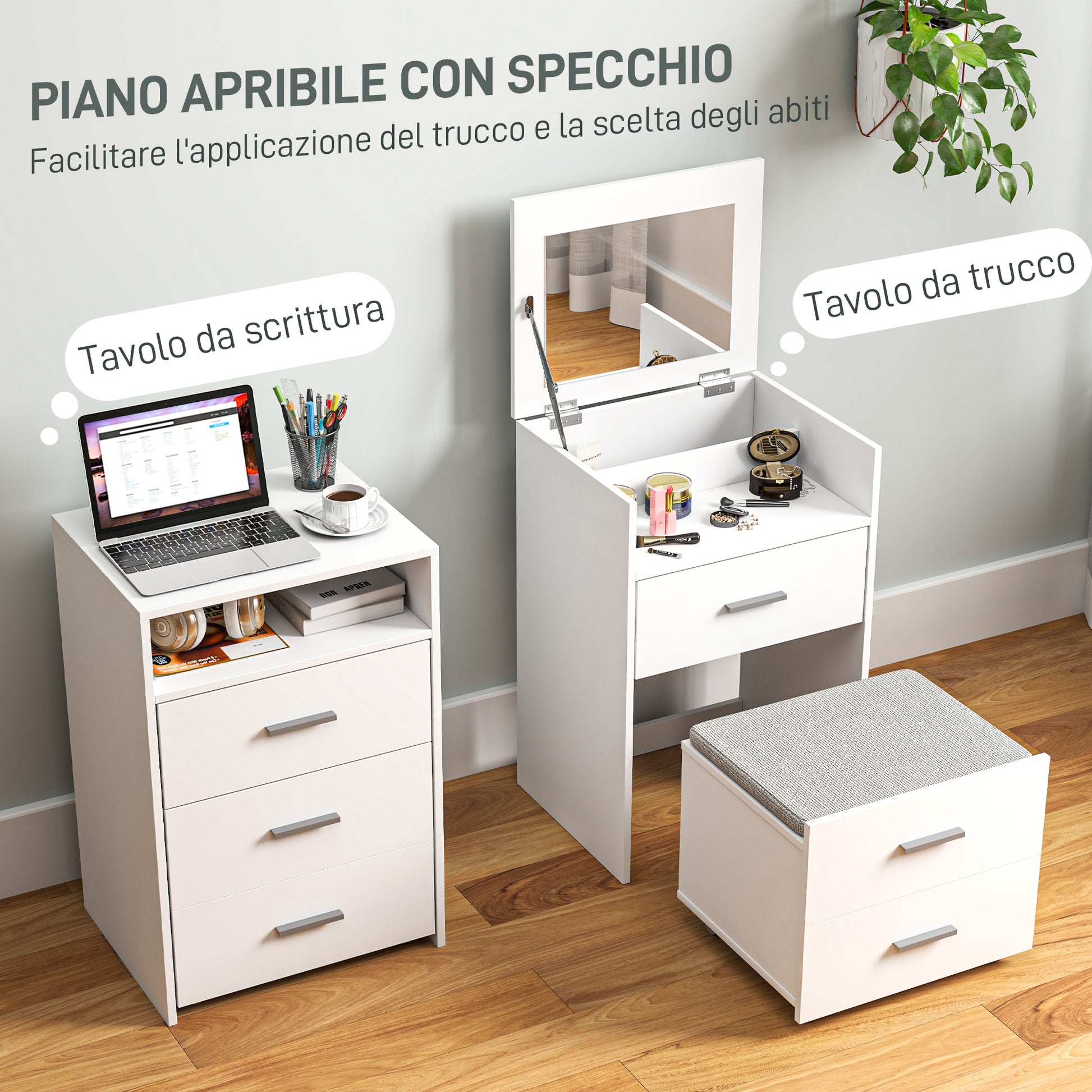 Makeup Station with Foldable Mirror, Stool with Wheels and 2 Drawers, Makeup Vanity in MDF and Stool with Removable and Washable Velvet Effect Fabric Cushion, White