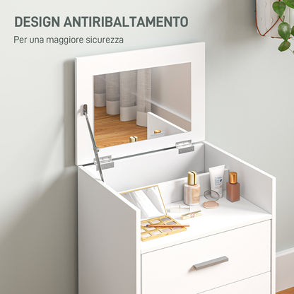 Makeup Station with Foldable Mirror, Stool with Wheels and 2 Drawers, Makeup Vanity in MDF and Stool with Removable and Washable Velvet Effect Fabric Cushion, White