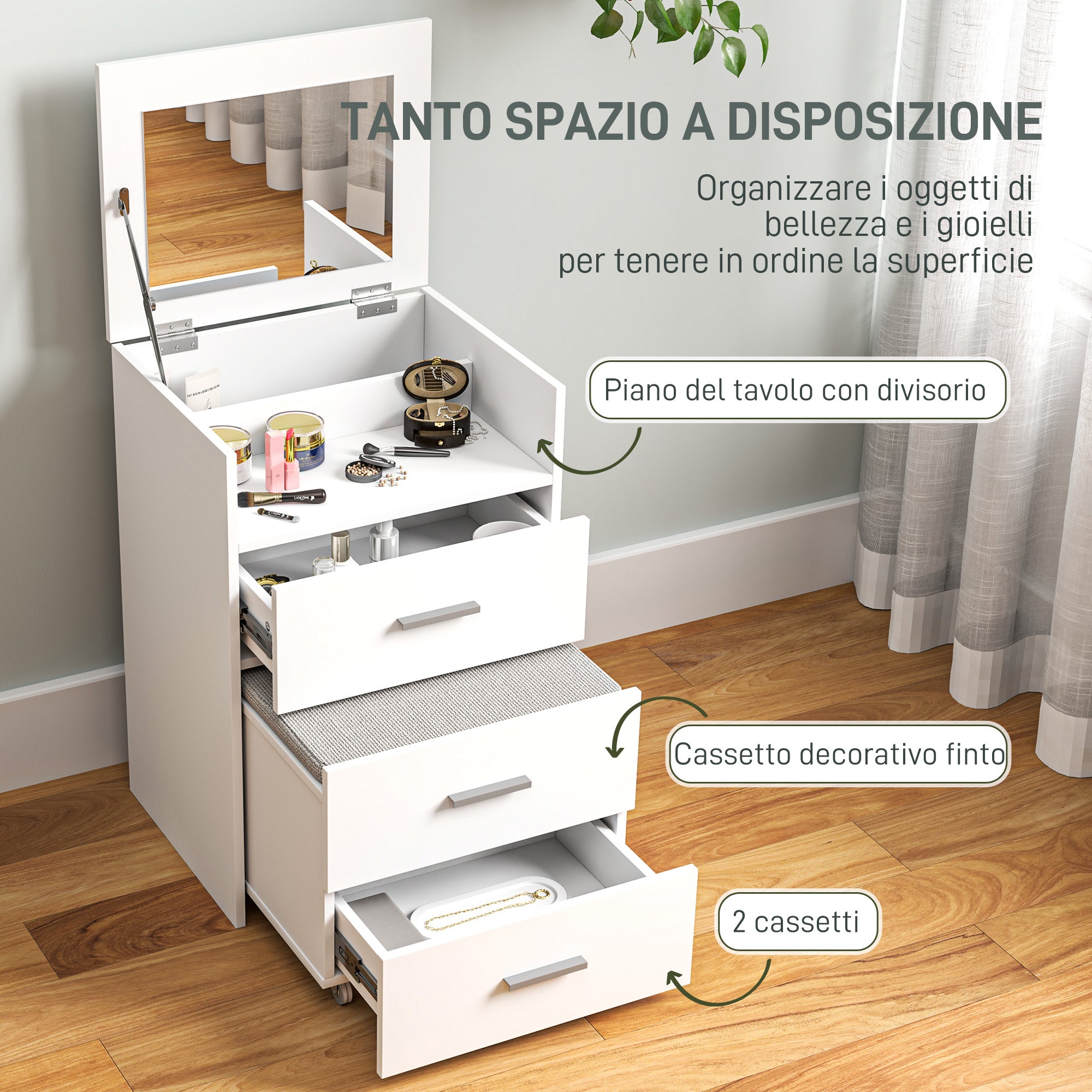 Makeup Station with Foldable Mirror, Stool with Wheels and 2 Drawers, Makeup Vanity in MDF and Stool with Removable and Washable Velvet Effect Fabric Cushion, White
