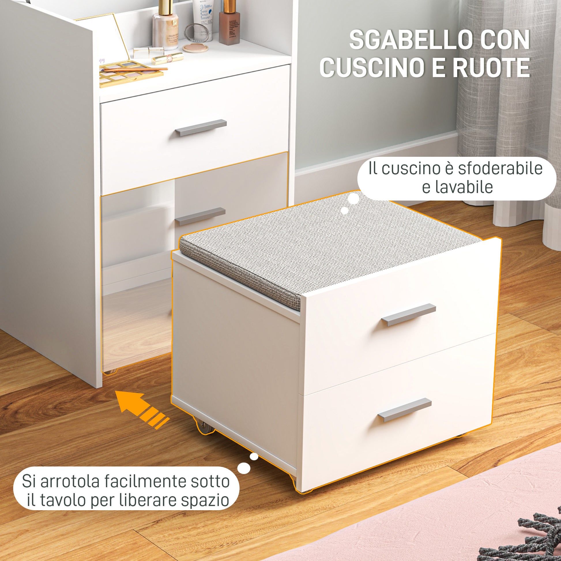 Makeup Station with Foldable Mirror, Stool with Wheels and 2 Drawers, Makeup Vanity in MDF and Stool with Removable and Washable Velvet Effect Fabric Cushion, White