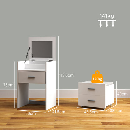 Makeup Station with Foldable Mirror, Stool with Wheels and 2 Drawers, Makeup Vanity in MDF and Stool with Removable and Washable Velvet Effect Fabric Cushion, White