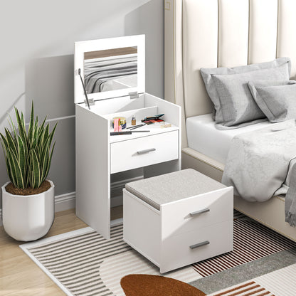 Makeup Station with Foldable Mirror, Stool with Wheels and 2 Drawers, Makeup Vanity in MDF and Stool with Removable and Washable Velvet Effect Fabric Cushion, White