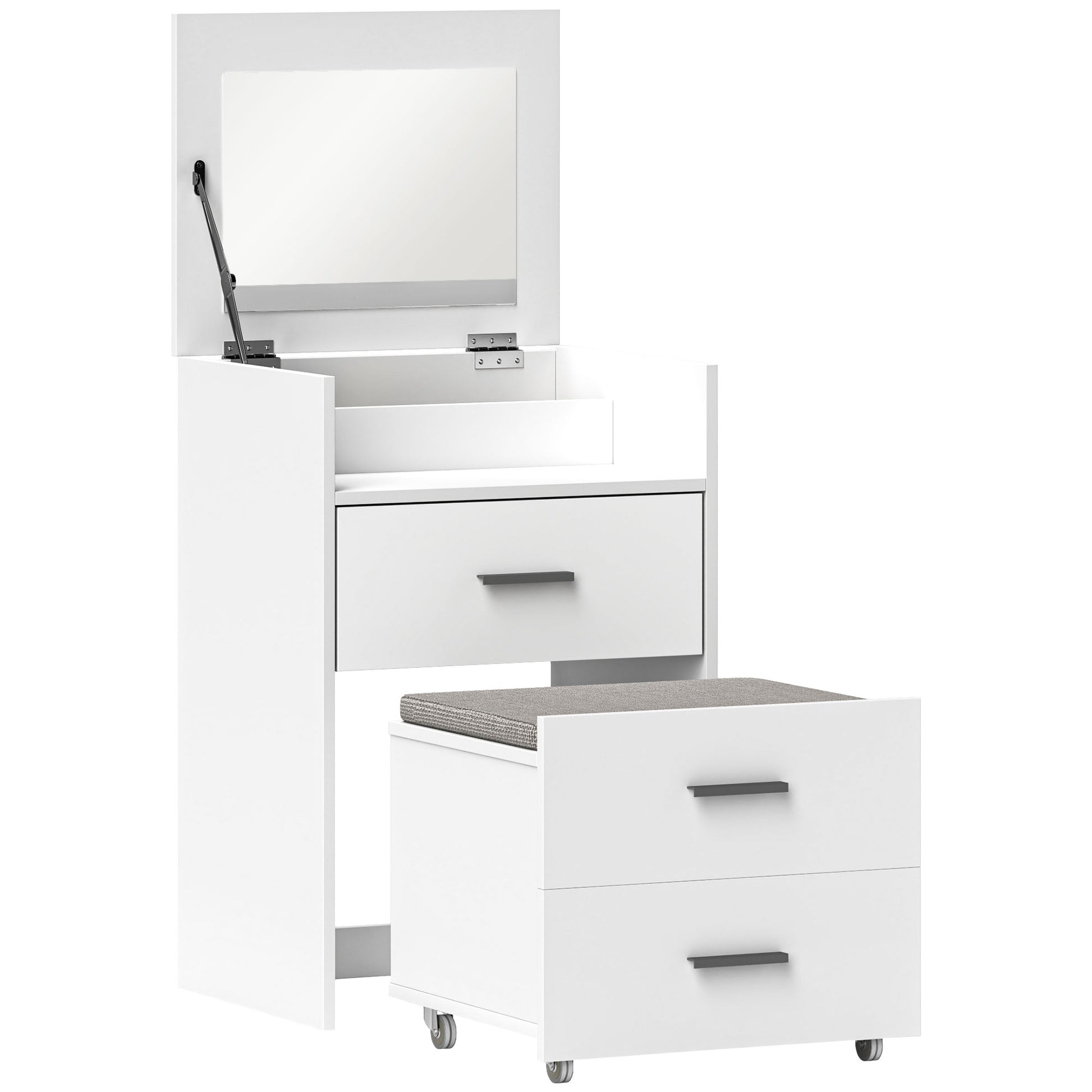 Makeup Station with Foldable Mirror, Stool with Wheels and 2 Drawers, Makeup Vanity in MDF and Stool with Removable and Washable Velvet Effect Fabric Cushion, White