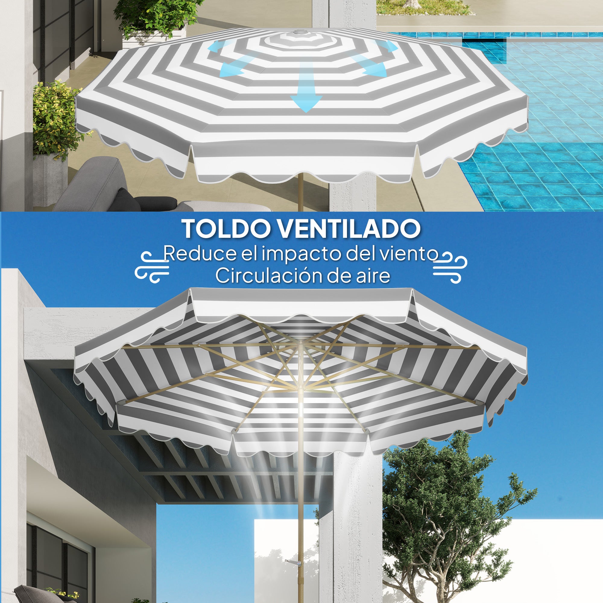 Terrace Exterior Umbrella Ø268 cm Garden Umbrella with Tiltable Angle and Crank UV 50+ Protection Sunshade for Patio Terrace Gray and White