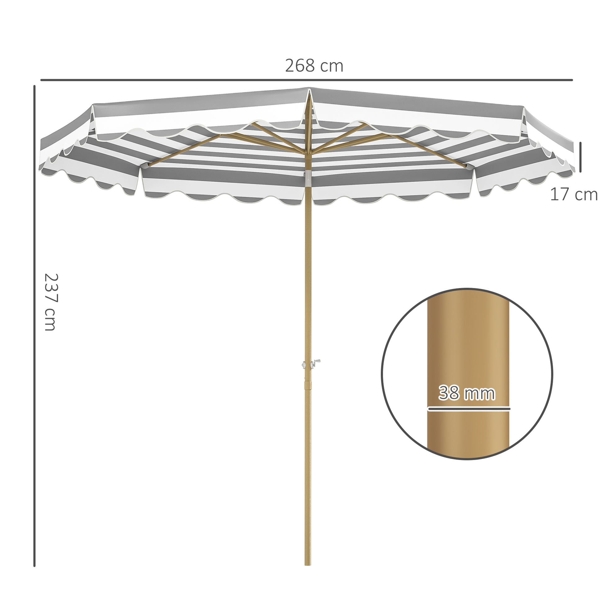 Terrace Exterior Umbrella Ø268 cm Garden Umbrella with Tiltable Angle and Crank UV 50+ Protection Sunshade for Patio Terrace Gray and White
