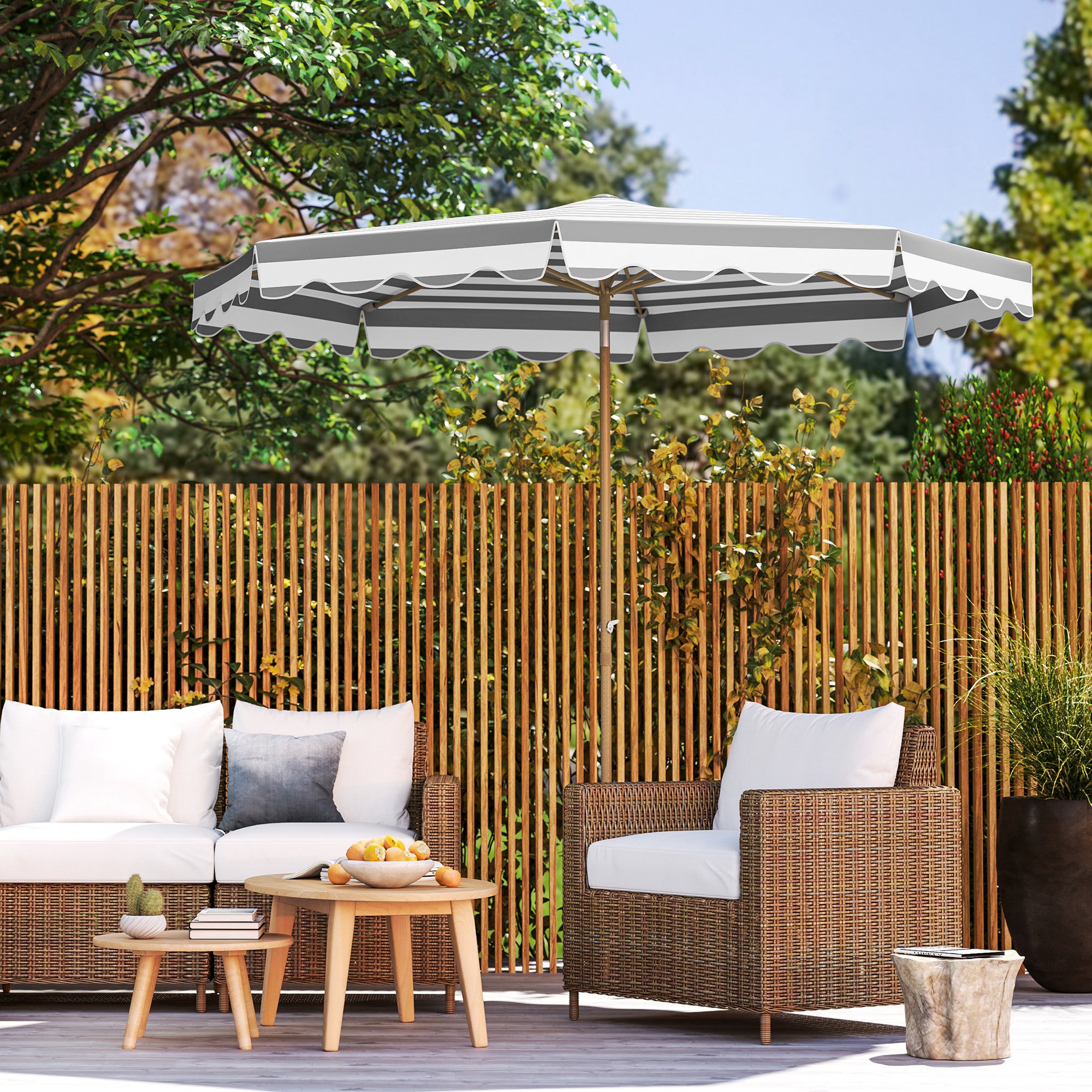 Terrace Exterior Umbrella Ø268 cm Garden Umbrella with Tiltable Angle and Crank UV 50+ Protection Sunshade for Patio Terrace Gray and White