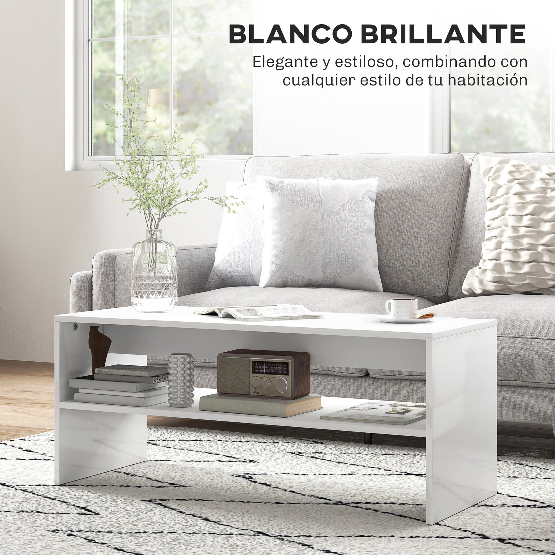 Coffee Table Side Table with Open Compartment Center Table for Living Room Dining Room 100x40x41.5 cm Glossy White
