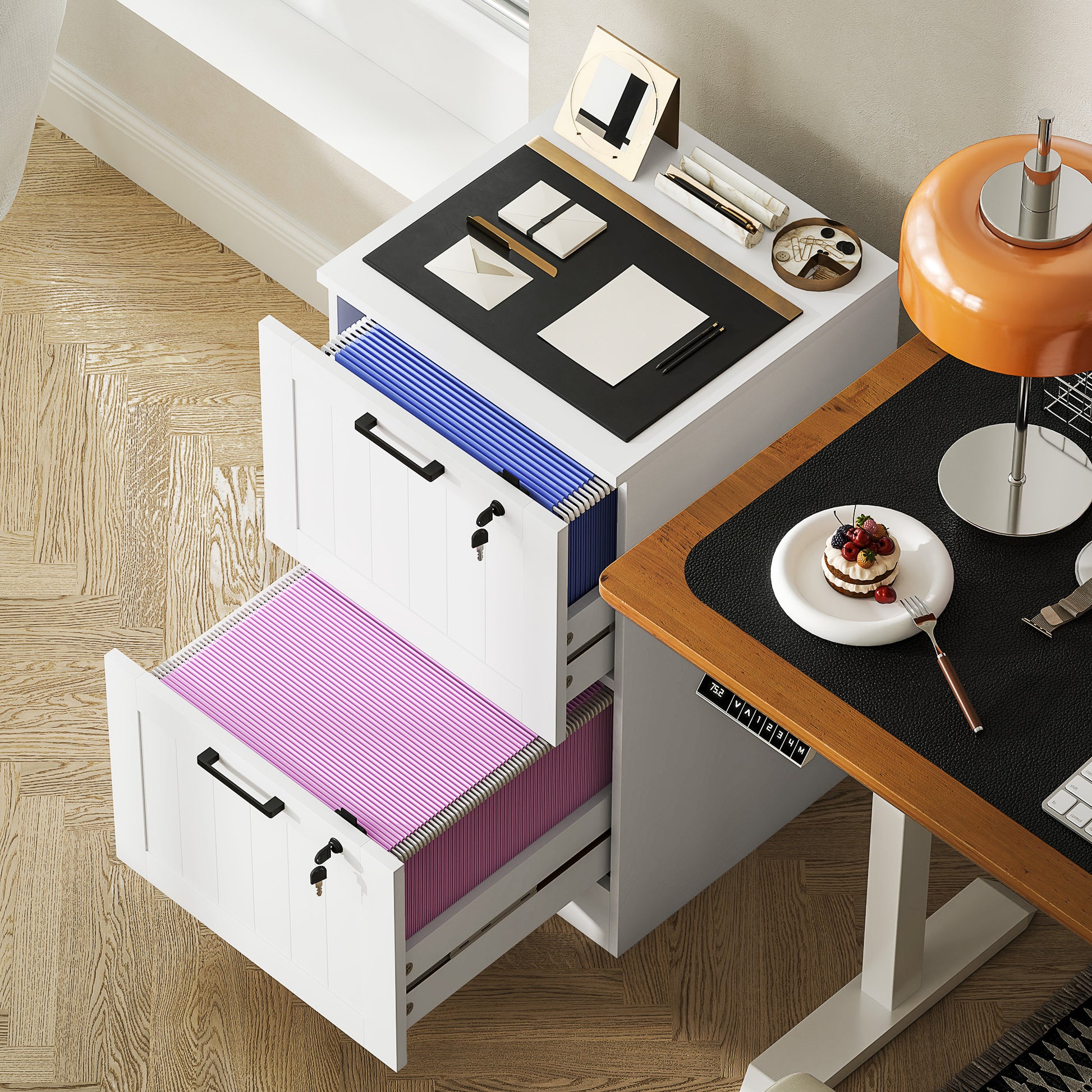 Office Drawer File Cabinet with 2 Drawers Desk Drawer with Locks Hanging Folders for A4 and Letter 15.7x15.7x28 inches White