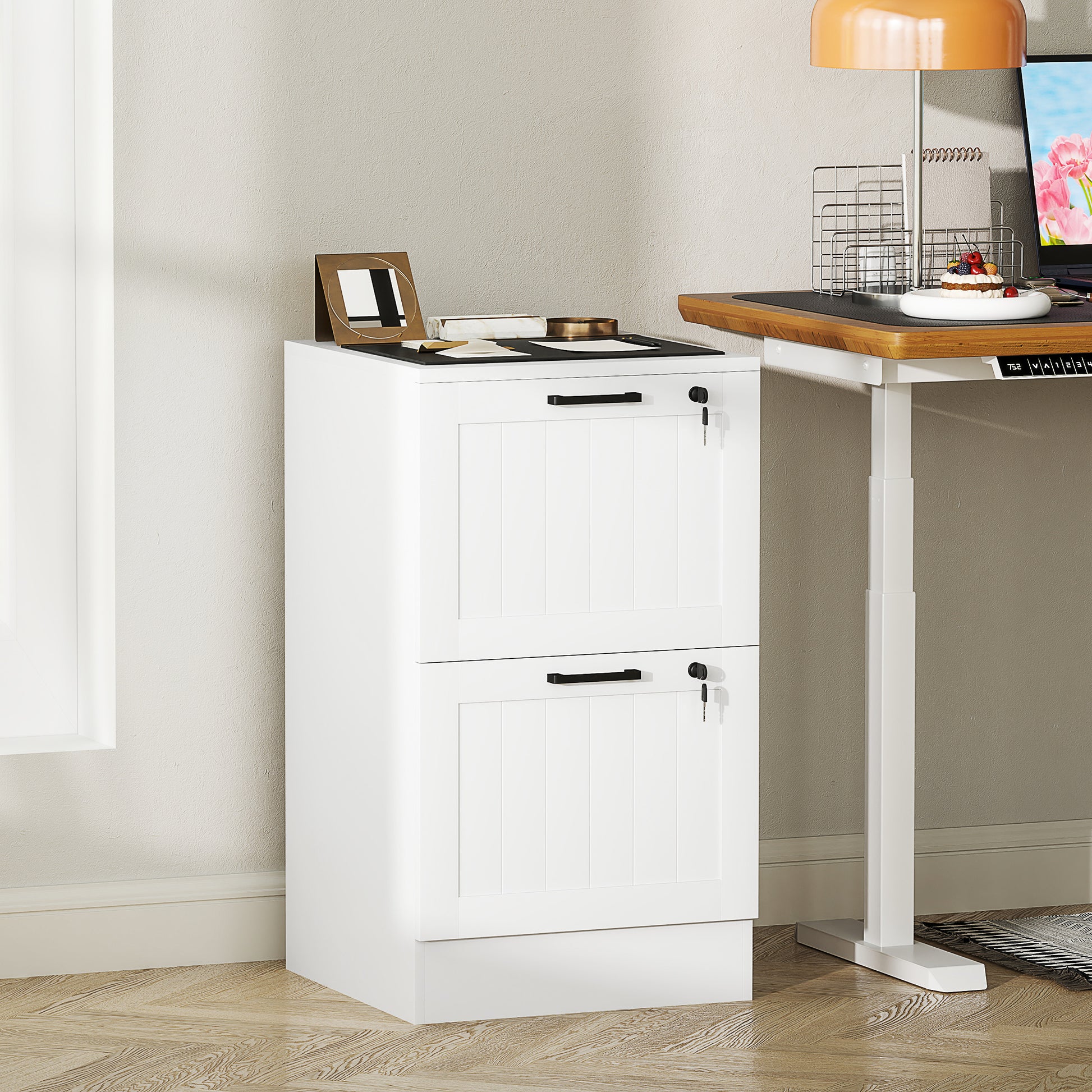Office Drawer File Cabinet with 2 Drawers Desk Drawer with Locks Hanging Folders for A4 and Letter 15.7x15.7x28 inches White