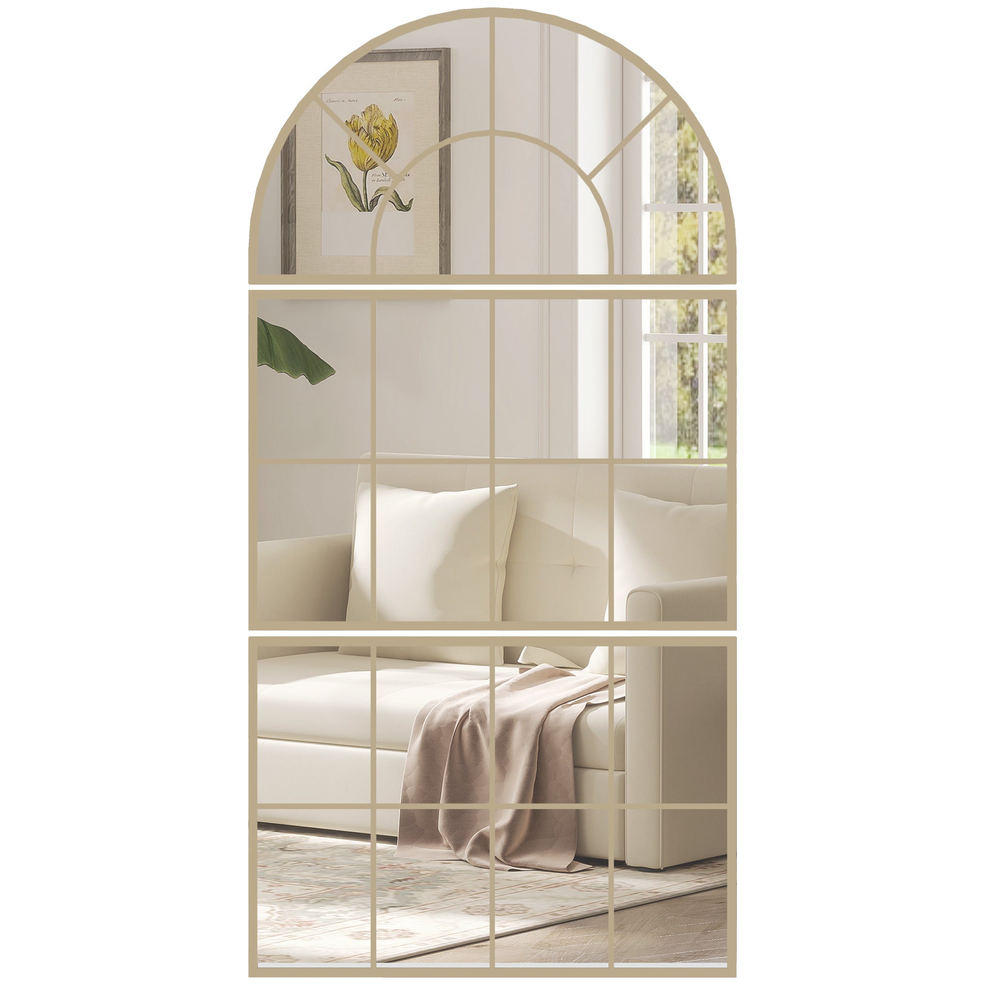 3-Piece Arched Window Wall Mirror, Gold Metal Frame — 30 x 59 in (76 x 150 cm)