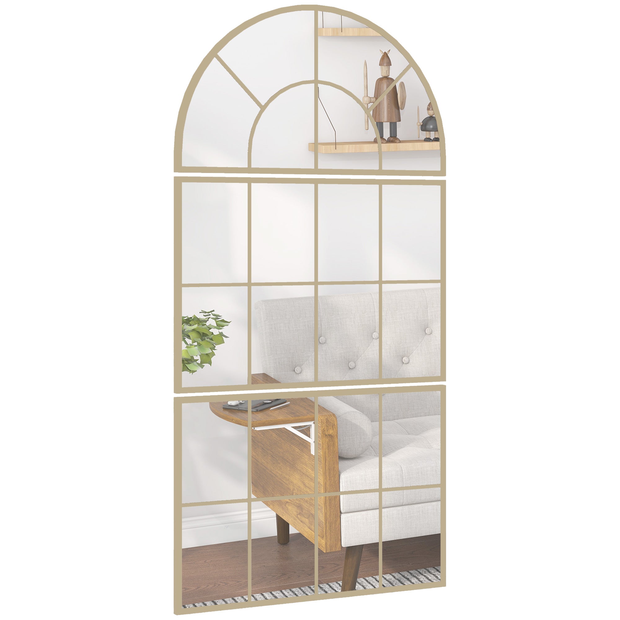 3-Piece Arched Window Wall Mirror, Gold Metal Frame — 30 x 59 in (76 x 150 cm)